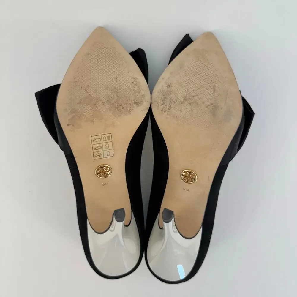 Tory Burch Bow Suede Pointed-Toe Pumps Black/White Shoes Heels 9M